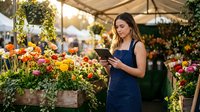 Young woman browsing colorful flowers at outdoor farmers market using smartphone during golden hour sunlight creating warm shopping atmosphere.