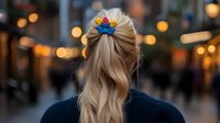 Blonde hair styled in half-updo with colorful floral hair clip against blurred city lights background, view from behind. Soft bokeh evening atmosphere.
