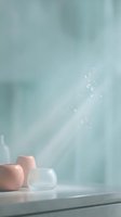 Minimalist still life composition featuring pink ceramic vessels and clear glass container on white surface with soft sunlight streaming through window and floating water droplets.