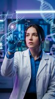 Female scientist examining DNA hologram in modern laboratory with molecular structures and genetic research technology for biotechnology applications.