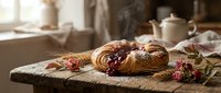 Freshly baked croissants with jam on rustic wooden table in cozy kitchen setting with warm natural light and autumn flowers for breakfast concept.
