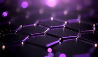 Glowing purple hexagonal grid structure with connected nodes and bokeh light effects on dark background, creating futuristic network visualization.