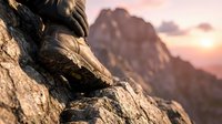 Close-up of climber's boots on rocky mountain face during golden hour sunset, adventure and outdoor sports concept for climbing expeditions.