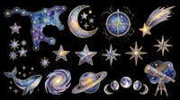 Celestial astronomy icons with constellation, moon, stars, compass, comet, and planets isolated on transparent background. Ready for t-shirt design, clipart, stickers, sublimation, and print-on-demand projects.