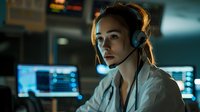 Young female medical professional wearing headset and white coat working night shift at hospital monitoring station with digital screens in background.