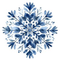 Watercolor snowflake made of blue floral elements on white background, creating elegant winter pattern for seasonal designs and holiday projects.