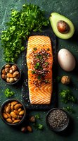 Fresh salmon fillet with herbs, nuts, avocado, egg and chia seeds on dark green background. Healthy protein-rich ingredients for nutritious meal.