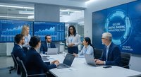 Business team meeting in modern conference room with digital displays showing data analytics and cybersecurity graphics for corporate presentation.