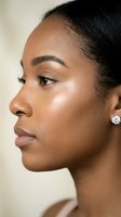 Close-up profile of young African American woman with glowing skin and natural makeup showcasing skincare routine and beauty treatment results.