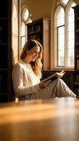Young woman reading book in gothic library with arched windows and warm sunlight streaming through creating peaceful study atmosphere for education content.