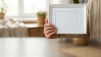Senior adult male with light skin tone holding blank white frame in home interior with natural window light, suitable for mockups and personalization projects.