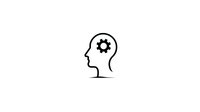 Minimalist side profile of human head with gear icon representing mind, thinking process and cognitive function on white background, isolated design element.