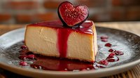 Creamy cheesecake slice with raspberry sauce drizzle and heart-shaped fresh fig garnish on dark plate, romantic dessert against rustic background.
