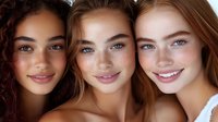 Three young diverse women with natural makeup smiling together, showcasing friendship and beauty in close-up portrait for lifestyle and wellness concepts.