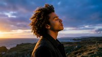 Young African American man with curly hair enjoying peaceful moment during golden hour sunset overlooking coastal landscape with dramatic sky and ocean view.