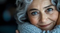 Smiling mature woman with silver hair and bright blue eyes wearing cozy gray sweater, close-up portrait with soft natural lighting and shallow depth of field.