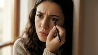 Young brunette woman applying black eyeliner makeup with precision brush near window in cozy home interior for daily beauty routine and cosmetics.