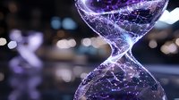 Glowing digital hourglass with flowing particles and light trails against blurred background creates futuristic concept of time, technology and transformation.