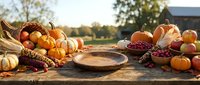 Autumn harvest arrangement with pumpkins, gourds, corn, and berries displayed on rustic wooden table for seasonal and thanksgiving themed designs.