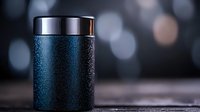 Metallic blue reusable water bottle with water drops on textured surface against dark background with bokeh lights, eco-friendly sustainable container for drinks.