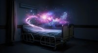 Surreal bedroom scene with cosmic galaxy swirling above hospital bed in dark room with starry nebula clouds creating dreamlike atmosphere for fantasy concepts.