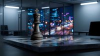 Chess piece on modern office table with city lights bokeh background, symbolizing strategy and business planning.