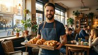Caucasian male baker or café owner in denim apron holding wooden tray of fresh croissants and pastries in warm, plant-filled bakery with customers dining in background during daytime.