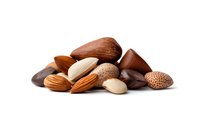 Mixed nuts and chocolate pieces on white background, including almonds, brazil nuts, and dark chocolate chunks. Healthy snack concept isolated for design use.