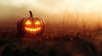 Glowing carved pumpkin with scary face illuminated from within sits in misty field at dusk, creating spooky Halloween atmosphere against blurred autumn background.