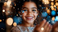 Young girl with medium skin tone and dark hair smiling brightly surrounded by sparkling particles and warm golden bokeh lights, expressing joy and celebration for holiday, festive, or magical themed projects.