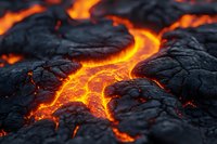 Glowing hot lava flow with molten magma streams between dark volcanic rock formations, creating dramatic patterns of orange fire against black cooled basalt surface.