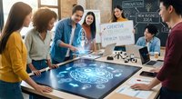 Diverse young professionals brainstorming around a glowing interactive table with holographic icons in a modern creative office.