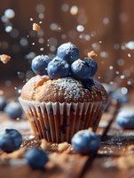 Fresh blueberry muffin topped with juicy berries and powdered sugar dusting on rustic wooden surface with warm bokeh lighting for bakery marketing.