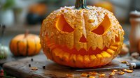 Carved Halloween pumpkin jack-o-lantern with glowing candle light and water droplets on orange surface for autumn holiday decoration and spooky seasonal celebrations.