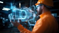 Engineer in orange protective workwear and hardhat examining holographic industrial machinery projection with digital interface in manufacturing facility.