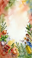 Watercolor culinary frame with herbs, vegetables, spices and olive oil, forming a decorative border with copy space for recipe cards.