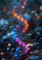 Glowing DNA helix structure with vibrant blue, pink and orange light particles against dark background, scientific molecular concept for genetics research and biotechnology.
