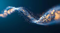 Magical glowing wave with sparkles and golden bokeh lights on dark blue background, flowing energy stream with glitter particles and light trails.