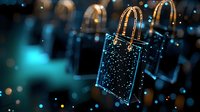 Glowing shopping bag with sparkles and bokeh lights against dark background creates magical retail atmosphere, luxury fashion concept for advertising and marketing.