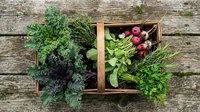 Fresh organic vegetables and herbs in wooden basket on rustic wood background for healthy cooking and farm-to-table meals.