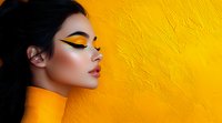 Asian woman with bright yellow makeup and closed eyes against vibrant yellow textured wall background, profile view showing artistic beauty and fashion makeup.