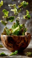 Fresh green lettuce leaves flying with water drops above wooden bowl on dark background, dynamic food photography for restaurant menu and cooking blogs.