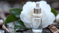 Clear glass dropper bottle with serum against white camellia flower background, natural skincare concept for beauty product marketing.