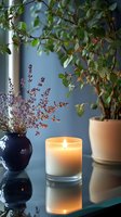 Glowing candle creates cozy atmosphere with dried flowers in blue vase and potted plant on glass surface against blue wall, soft evening light reflection.