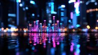 Vibrant neon city skyline reflected in water with glowing pink and blue lights creating audio wave pattern visualization against dark urban nightscape background.