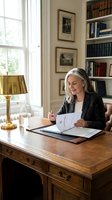 Mature woman with gray hair, Caucasian ethnicity, wearing black blazer, reviewing documents at wooden desk in elegant home office with bookshelves, framed artwork, brass lamp and natural light from window.