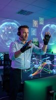 Caucasian male professional using virtual reality interface with holographic global network displays and digital icons in futuristic control room environment.