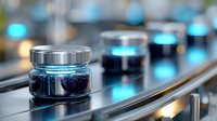 Glowing blue futuristic jars with metallic lids arranged in rows on reflective surface, creating modern technological atmosphere for science and innovation concepts.