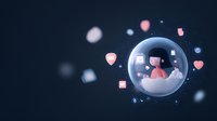 Young Asian woman in glass bubble surrounded by floating hearts and social media icons on dark background, depicting digital isolation and social connection.