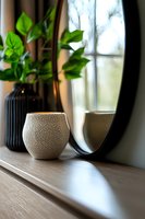 Textured ceramic pot reflected in round mirror with green plant in black vase on wooden shelf, creating serene home decor vignette.